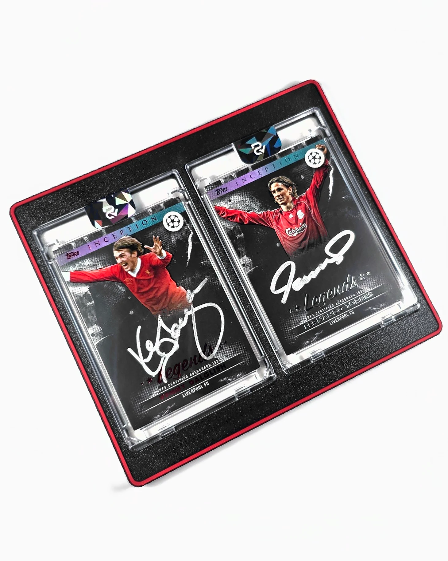 A black 3D printed double mag holder with a scarlet red ring, holding two signed Topps Inception cards side by side