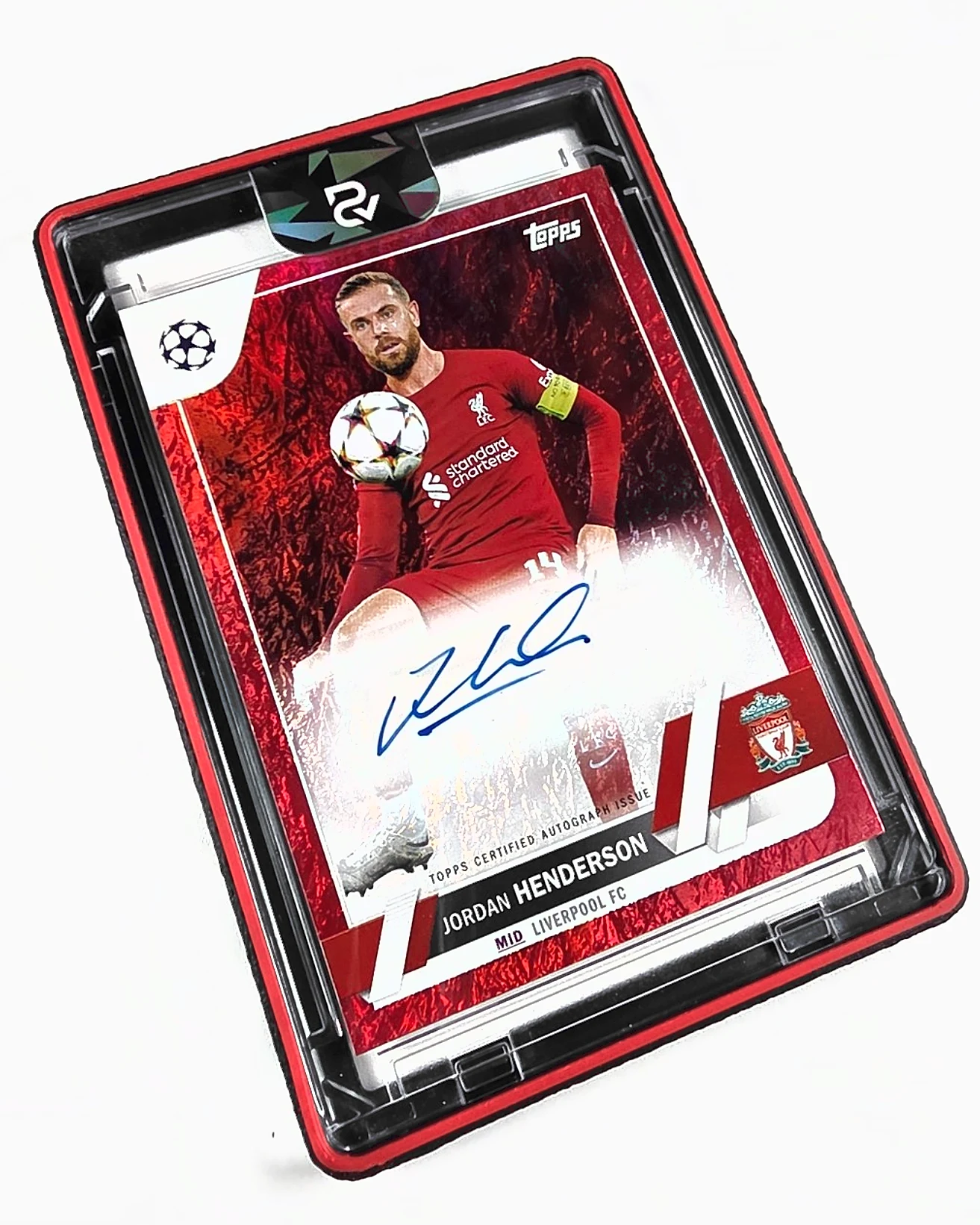 A black 3D printed mag holder with a scarlet red ring, holding a signed red foil Jordan Henderson Topps card, photographed at an angle