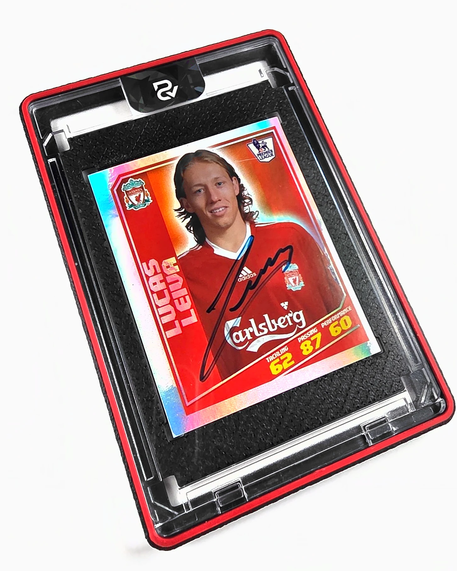 A black 3D printed mag holder with a scarlet red ring, holding a signed Lucas Leiva sticker on a black insert, photographed at an angle